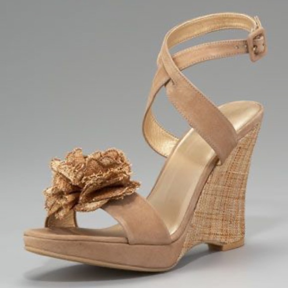 Stuart Weitzman Nubuck & Straw Flower Wedges, Sandals Size 6